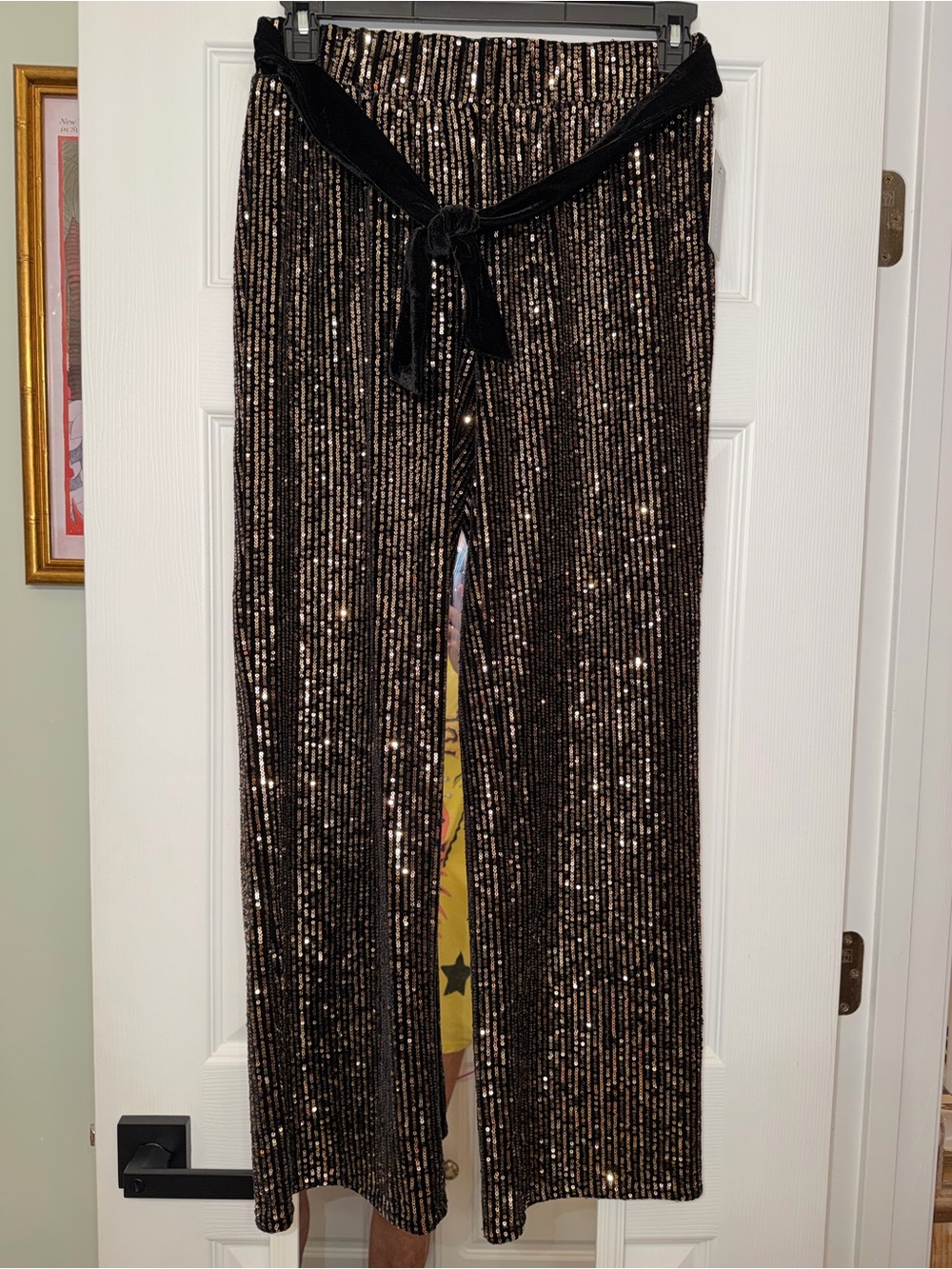Messini Gold & Black Metallic Sequin Wide-Leg Pants - Black NWT